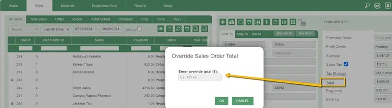 QPro sales screen override order total